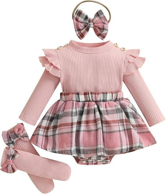 Giraropa Baby Girl Fall Winter Clothes Long Sleeve Romper Dress + Socks + Headband Newborn Infant Cute Casual Outfits