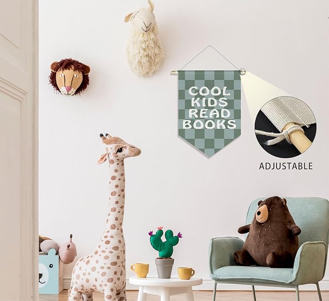 Cool Kids Read Books Wall Hanging Canvas Banner, Retro Green and Grey Checkered Hanging Pennant Flag Posters Prints for Kids Room Classroom Reading Room Corner Decor, 15x11in