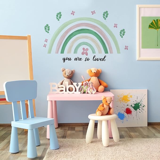 Containlol Rainbow Wall Decals, Playroom Wall Decor for Girl Room, Watercolor Peel and Stick Wallpaper, Boho Wallpaper 30 x 14 Inch Heart Art Stickers for Toddler Bedroom Nursery(Green,Fresh)