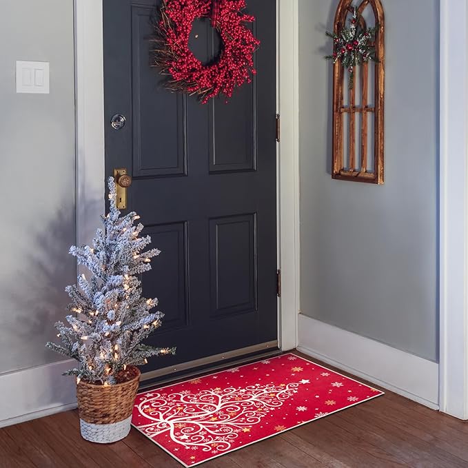 2x3 Machine Washable Christmas Area Rug, Non-Slip Small Christmas Entryway Rug for Front Door, Low Pile Indoor Door Mat for Entryway, Bedroom, Dining Room & Kitchen(2x3 Christmas Tree)