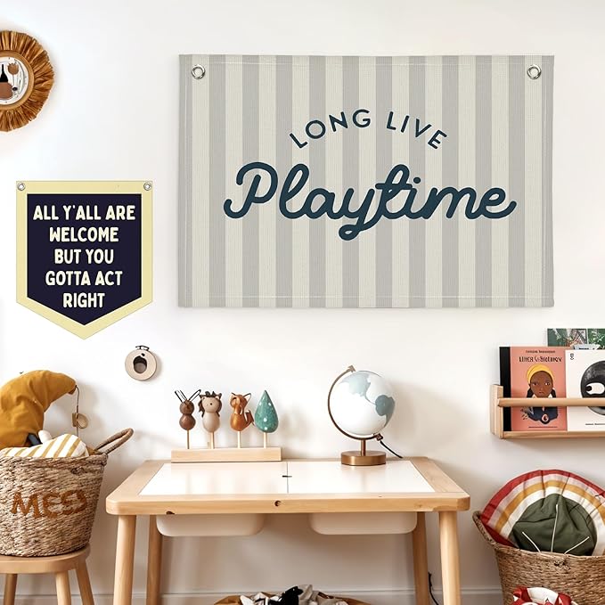 Lacama Playroom Decor, Play Room Wall Decor, Long Live Playtime Linen Banner Wall Hanging, Boho Beige Banner Flag Decor for Nursery Boys Room 30x20 Inch