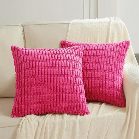 Fancy Homi 2 Packs Hot Pink Decorative Throw Pillow Covers 18x18 Inch for Living Room Couch Bed Sofa, Rustic Farmhouse Boho Home Decor, Soft Striped Fuschia Corduroy Square Cushion Case 45x45 cm