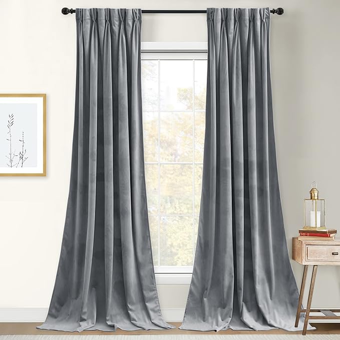 StangH Velvet Curtains Pinch Pleat 96 inches Long, Light Grey Room Darkening Privacy Window Drapes for Boys Bedroom Energy Saving Luxury Home Decor for Office, W30 x L96, 2 Panels