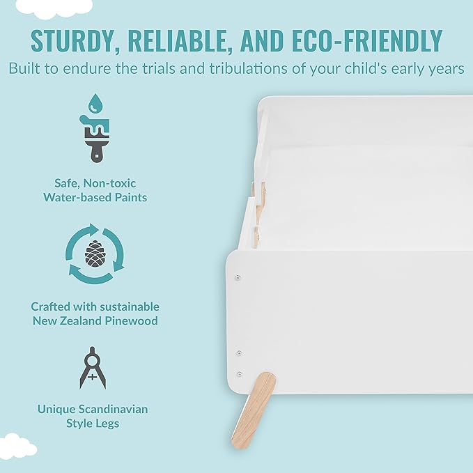 Dream On Me Osko Convertible Toddler Bed Made with Sustainable New Zealand Pinewood in White and Natural, JPMA & Greenguard Gold Certified, Non-Toxic Finish