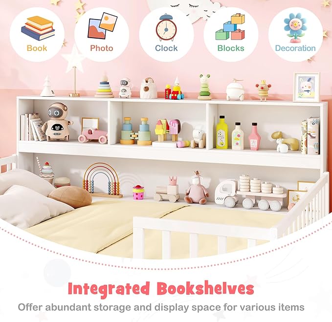 KOMFOTT Full Floor Bed with Bookcase & Shelves, Wood Bed Frame with Bedside Bookshelves & Guardrails, Versatile 2-in-1 Montessori Floor Bed for Kids (White)