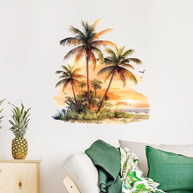 Tropical Sunset Palm Trees Wall Decals Removable Scenery Vinyl Stickers for Nursery Living Room and Bathroom Decor Peel and Stick Wall Art