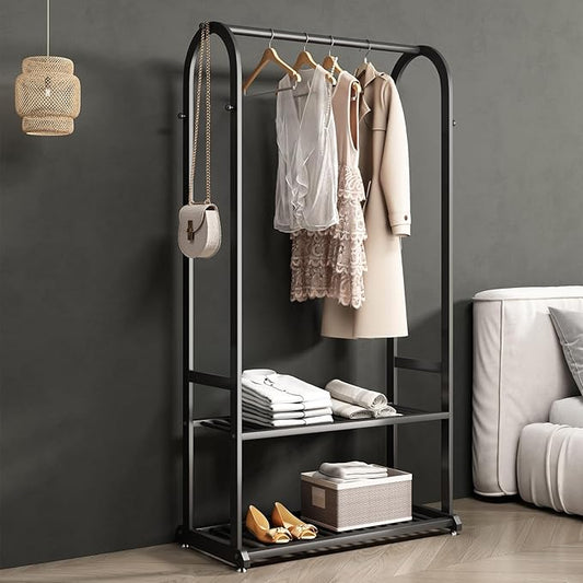 Heavy duty clothes rack,black Clothing rack,metal Garment rack with bottom shelves and 6 Side Hooks for Hanging Clothes, Coats, Shirts(L:31.5IN)