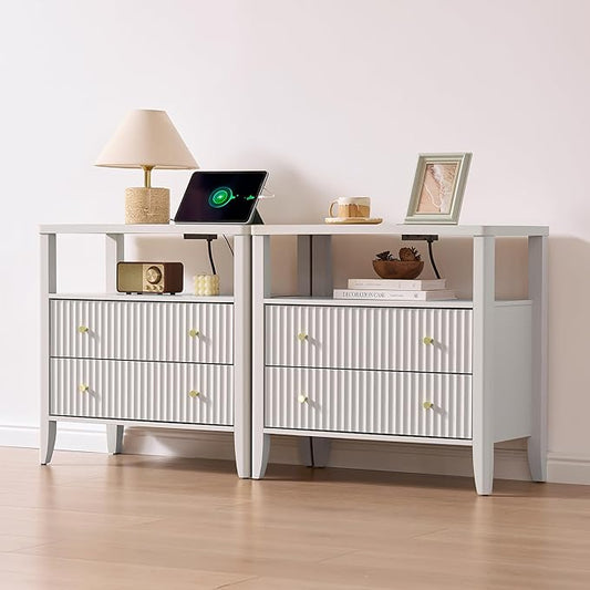 Fluted Nightstand with Charging Station Set of 2, 27.3" Wide Modern Bedside Table with 2 Drawers & Open Shelf, Large Wood End Table with Storage & Metal Handle for Bedroom, Cream White