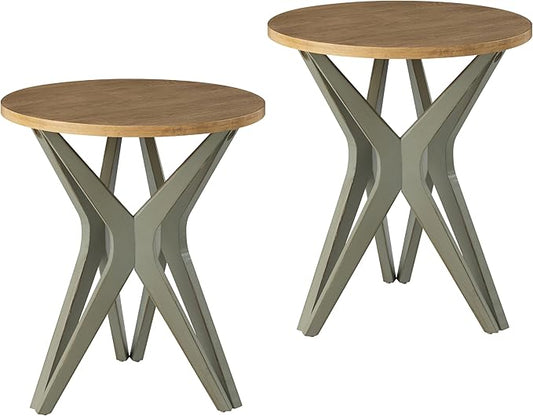 LONYKE Pedestal Farmhouse End Table Set of 2, Distressed Top with Tripod Base Bedside Table for Living Room, Modern, Boho, Round, Sage Green