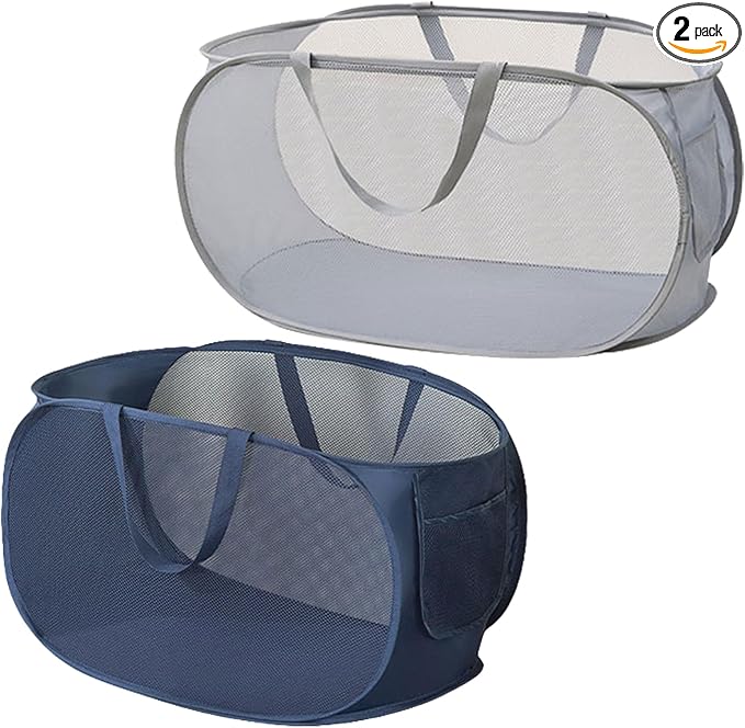 2 Piece Popup Mesh Laundry Basket Durable Handles Collapsible Laundry Baskets Folding Clothes Pastic Hamper for Laundry Room College Dorm (Gray/Navy Blue)