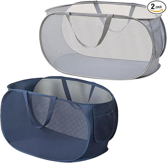 2 Piece Popup Mesh Laundry Basket Durable Handles Collapsible Laundry Baskets Folding Clothes Pastic Hamper for Laundry Room College Dorm (Gray/Navy Blue)