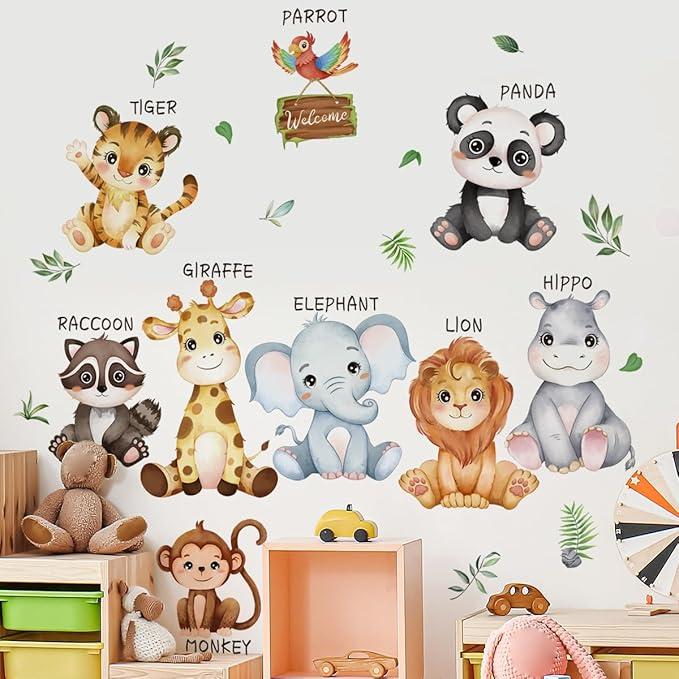 Large Safari Animals Educational Wall Decals Jungle Animals Wall Stickers Lion Panda Giraffe Monkey Tiger Wall Decor Murals for Nursery Kids Room Playroom
