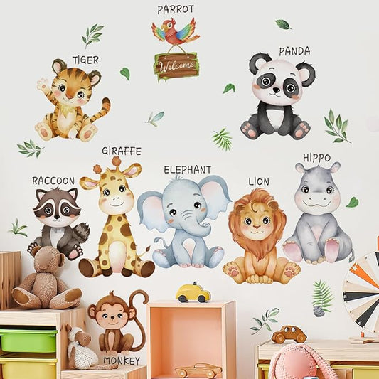 Large Safari Animals Educational Wall Decals Jungle Animals Wall Stickers Lion Panda Giraffe Monkey Tiger Wall Decor Murals for Nursery Kids Room Playroom