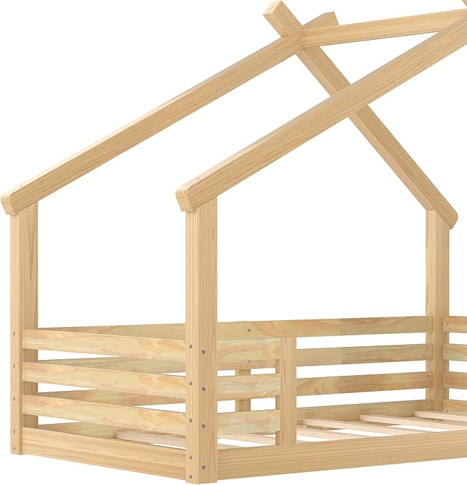 SOFTSEA Twin Size House Bed Frame, Kids Floor House Bed with Window and with Storage Shelf for Boys Girls, Wood Montessori Bed with Slats and Guardrails, Natural