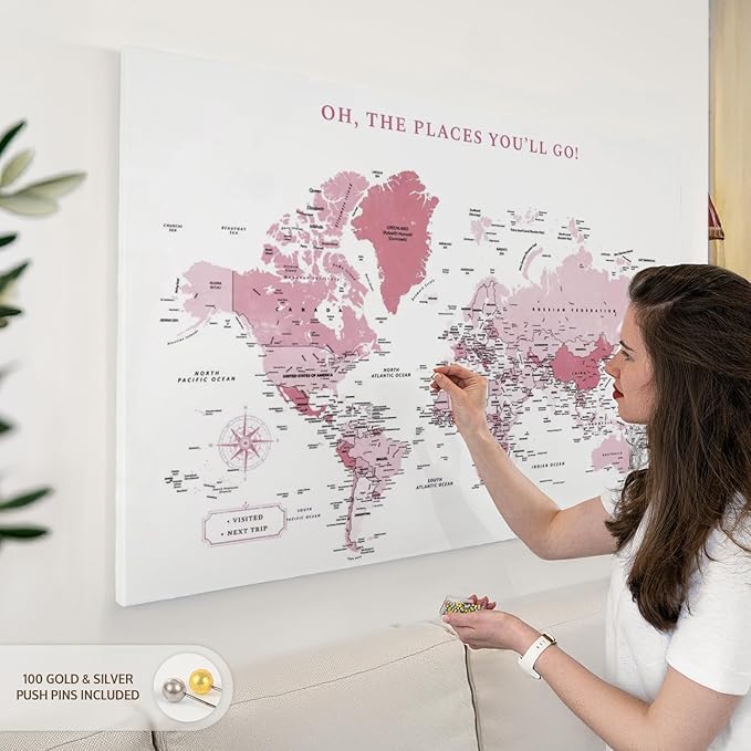 ElephantStock - Places You'll Go Push Pin World Map Wall Art - Horizontal Canvas Wall Art - Living Room Wall Decor - Digital Art Map Canvas Art - White And Pink Decor - 48" x 32"