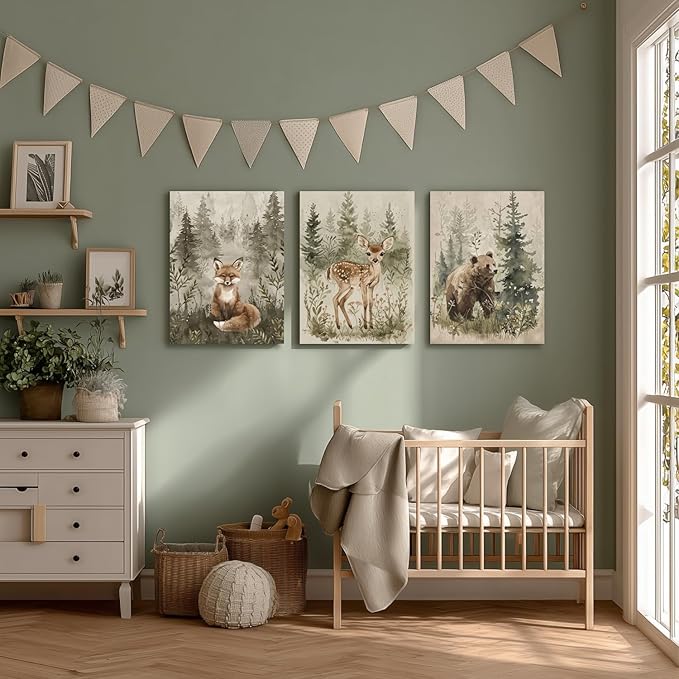 kilamino Framed Woodland Animal Nursery Wall Art, Cute Fox Bear Deer Wall Decor, Neutral Wildlife Animal Art Prints, Funny Nature Forest Animal Canvas Paintings for Baby Room Playroom 16"x24"x3