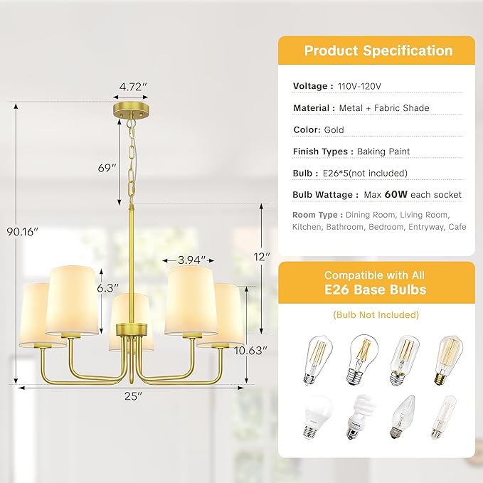 Farmhouse Chandelier, 5-Light Gold Chandelier with White Fabric Shade, Height Adjustable Modern Dining Room Light Fixture with E26 Base for Bedroom Foyer Hallway Entryway Kitchen Living Room