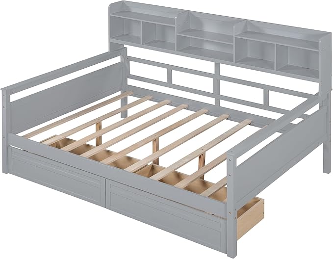 Harper & Bright Designs Full Daybed with Storage, Wooden Full Size Bed Frame with Bookcase Headboard and 2 Drawers, Full Sofa Bed with Shelves for Living Room Bedroom, No Box Spring Need, Gray