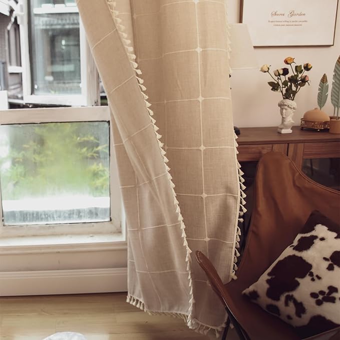 Deeprove Boho Curtains 108 Inches Length Bohemian Lattice Gingham Chic Burlap Embroidery Plaids, Vintage Tassels Home Decor Drapes Light Filtering Rod Pocket, 1 Panel W52 x L108, Natural Linen