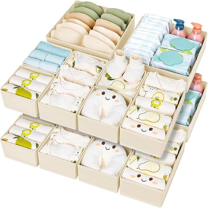 DIMJ Drawer Organizer Clothes 15 Pack - Foldable Baby Organizers and Storage & Dresser Organizer for Bedroom, Closet - Nursery Organization Dresser Dividers for underwear, Sock,Bra, Belt, Tie, Beige
