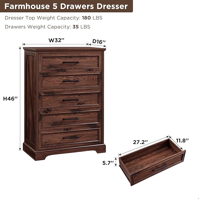 ACCOHOHO Farmhouse 5 Drawers Dresser Chests for Bedroom,46" Tall Wood Rustic Chest of Drawers with Wide Metal Handle,Natural Texture,Drawer Organizer for Bedroom,Living Room,Hallway and Entryway,Brown