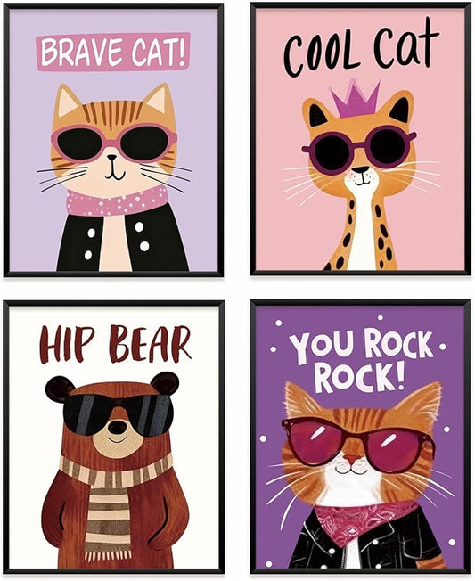 VONTP Funny Cat Bear Wall Art Decor, Cat Bear Animal Nursery Prints Poster Wall Decorations for Kids Boys Girls Nursery Toddler Room Bedroom Playroom Classroom, 8x10 Inch Set of 4 (Unframed)