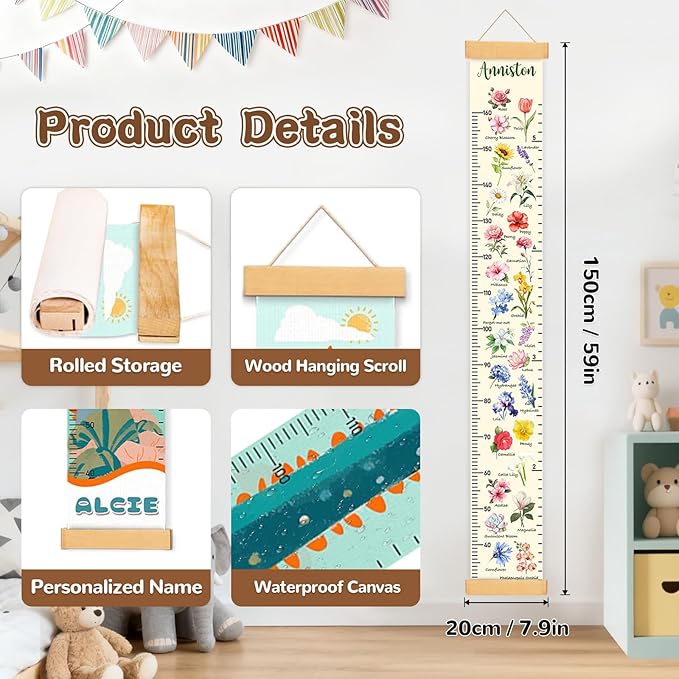 Personalized Name Kid Growth Chart for Wall, Flower Canvas Growth Chart Removable, Waterproof Height Chart for Kids Boys Girls Toddler, Playroom Wall Decor Height Measurement for Wall