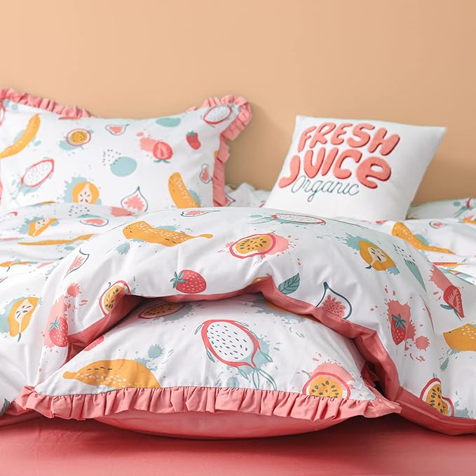 Simple&Opulence 100% Organic Cotton Duvet Cover for Kids Teens, 3 Piece Soft Cartoon Comforter Cover with Zipper Closure, Kawaii Girls Bedding Set with Colorful Fruits Pattern, Twin