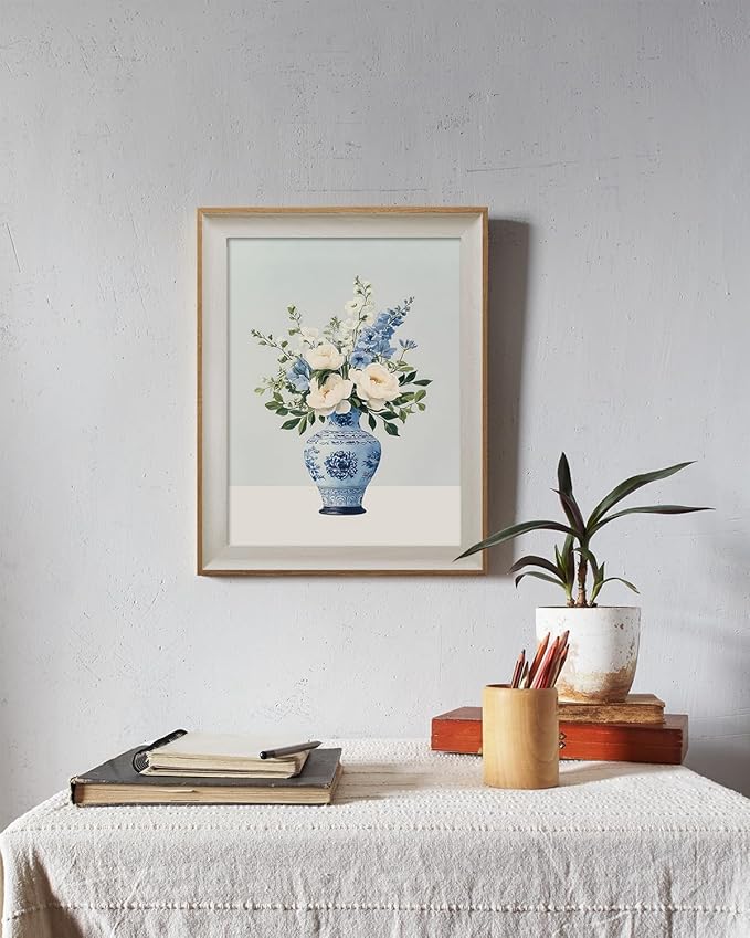 ARPEOTCY Framed Canvas Wall Art, 12x16 Inch Vintage Blue and White Vase Floral Painting, Chinoiserie Peony Still Life Wall Decor for Kitchen, Dining Room, or Bedroom