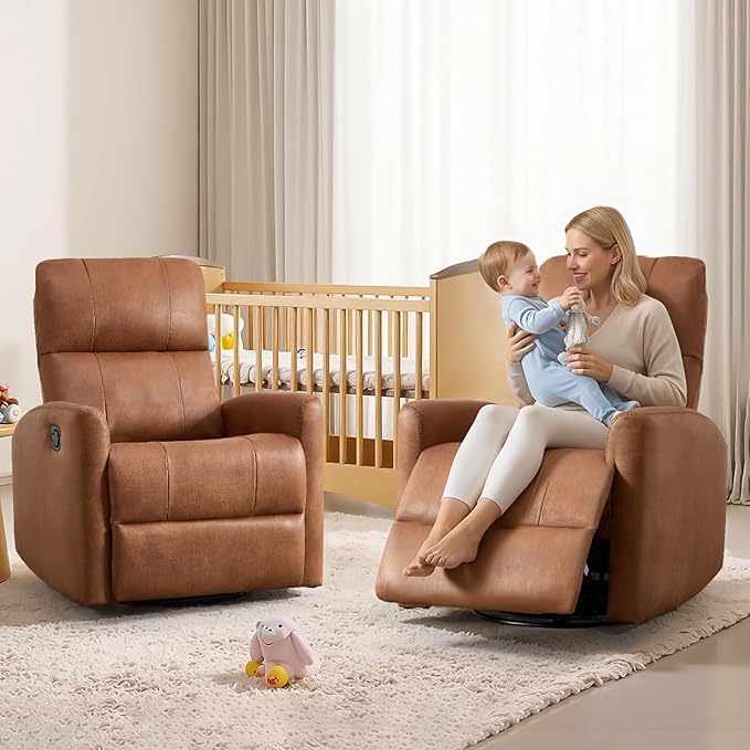 Swivel Rocker Recliner Chair, Manual Faux Leather Glider Rocking Recliners for Adults, 360° Swivel Nursery Reclining Sofa with Padded Backrest for Living Room, Dark Brown