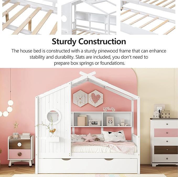 Harper & Bright Designs Twin House Daybed with Trundle & Storage Shelf, Twin Montessori Bed with Roof for Boys, Girls, Wooden Platform Bed Frame for Kids, White