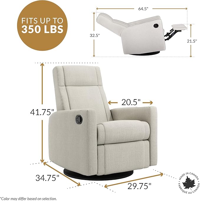 Jaymar Nelly Modern Nursery Glider Recliner Chair – Cozy Nursing Chair with 360° Swivel for New Parents, Gentle Motion, Compact Design, Lumbar Support – Made in Canada (Pearl/Puppy Fabric)