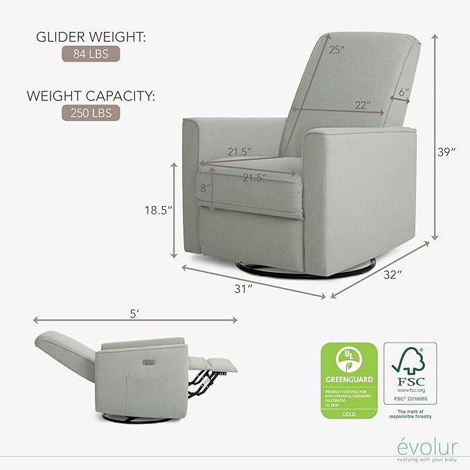 Evolur Harlow Upholstered Power Glider Recliner with USB Charging – Rocking & 360° Swivel with Smooth Glide – Greenguard Gold & FSC Certified – Modern Nursery and Living Room Chair in Light Grey