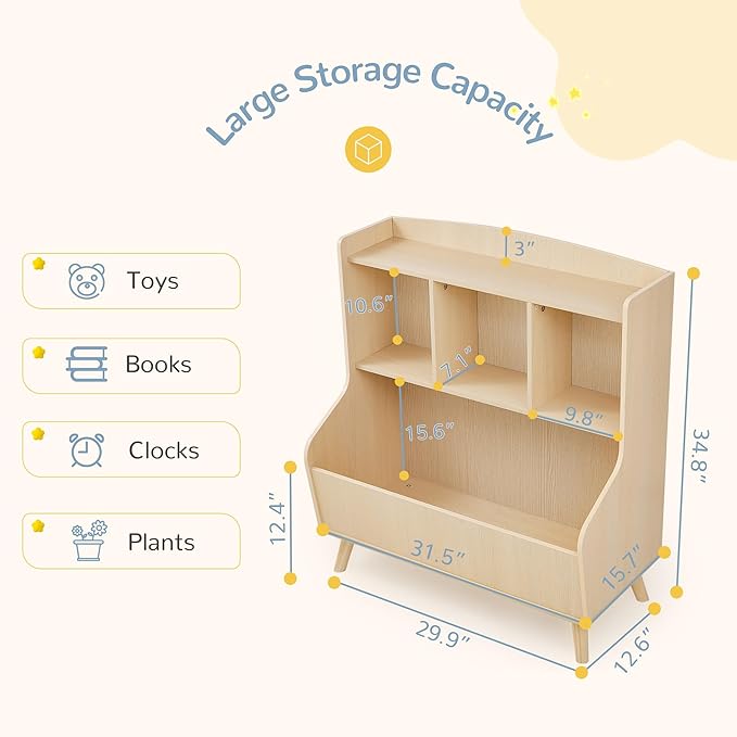 Curipeer Kids Bookshelf and Toy Storage, 3-Tier Wooden Bookcase, Baby Book and Toy Storage Display Organizer with Spacious Top Shelf for Children, Family, Natural Wood Color(Large Size)