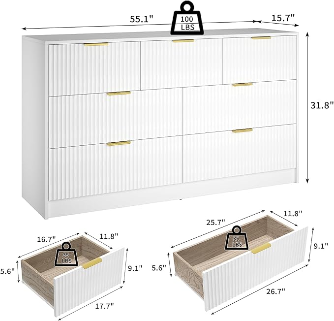 White 7 Drawer Dresser for Bedroom, 55” Wide Fluted Dresser with Gold Handles, Modern Chest of Drawer for Bedroom, Closet, Living Room, Entryway, Hallway, White