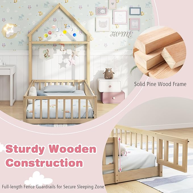 MAT EXPERT Twin Floor Bed with House-Shaped Headboard, Montessori Kids Bed with Detachable Clothes Hanger, Full Length Safety Guardrails, Solid Wood Twin Bed Frames for Kids (Natural)