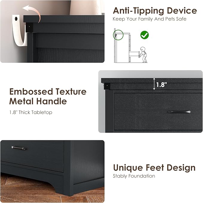 Farmhouse 5 Drawer Dresser for Bedroom, 47" Tall Chest of Drawers, Wood White Dresser with Deep Drawers, Storage Dressers Organizer for Bedroom, Living Room, Hallay, Black