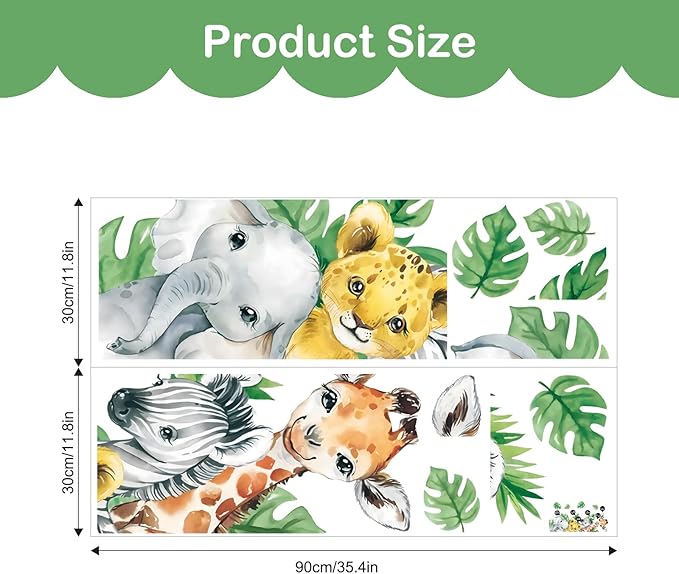 Tanlaby Jungle Animal Wall Stickers Cartoon Animal Wall Decals Giraffe Zebra Elephant Green Leaves Wall Art for Kids Baby Nursery Bedroom Playroom Decor，Right