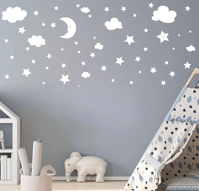Crescent Moon Stars and Clouds Wall Decals Moon and Stars Nursery Wall Stickers Starry Sky Playroom Decor Kids Rooms Mural Kids Room Wall Art Y59 (White)