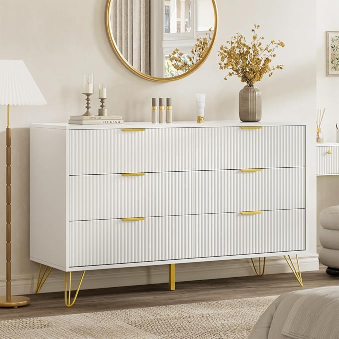 LYNSOM Fluted Dresser for Bedroom, White 6 Drawer Dresser with Gold Handles and Wide Drawers, Wood Chest of Drawers for Bedroom, Hallway