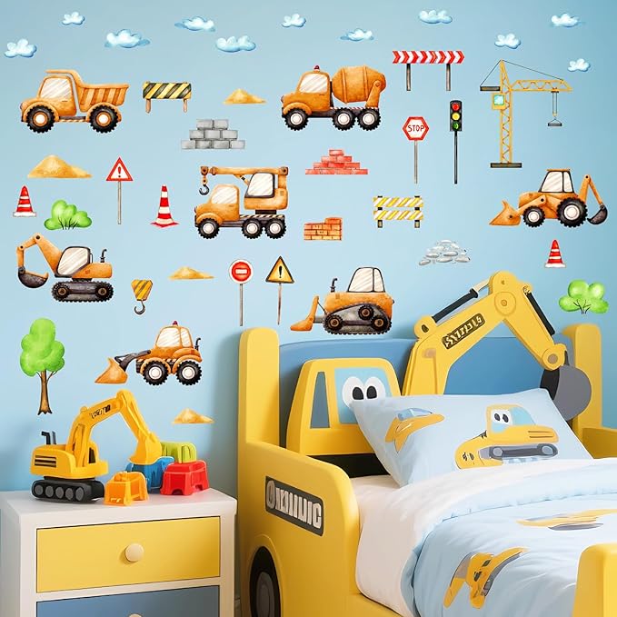 Car Truck Wall Decals Construction Vehicle Wall Stickers Cartoon Watercolor Car Tractor Stickers Peel and Stick Transportation Wall Decals for Kids Room Boys Bedroom Playroom Nursery Decor