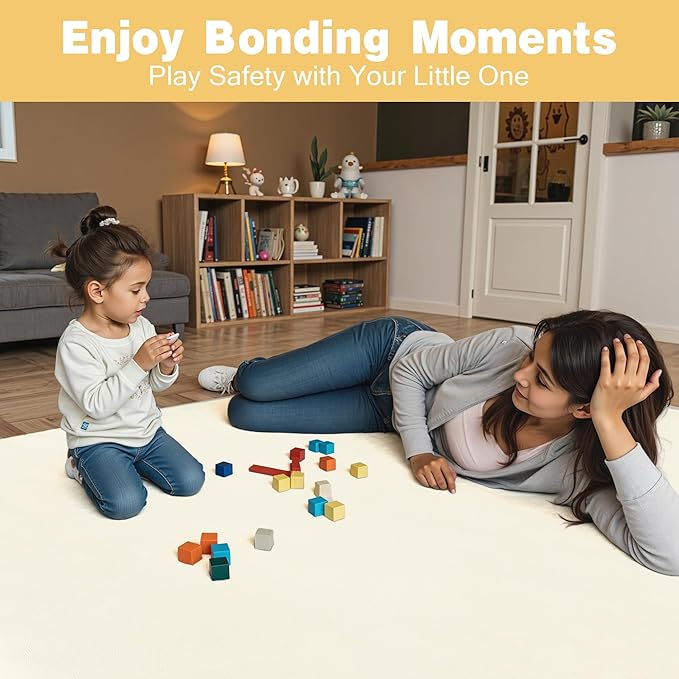 Padded 79" ×59" Large Baby Play Mat for Floor, 1.2" Thick Memory Foam Playmat with Soft Vegan Leather Cover, Cushioned Play Mat for 79" x59" Playpens, Beige