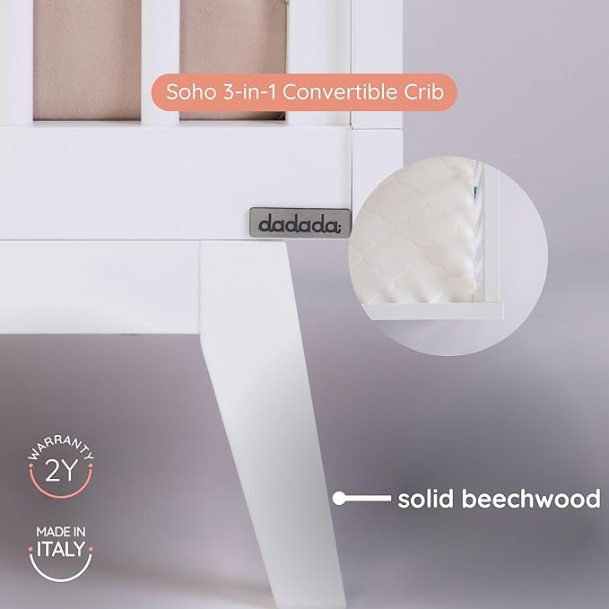dadada Baby Soho 3 in 1 Convertible Wooden Crib to Toddler Bed - Made in Italy, GREENGUARD Gold Certified, Baby-Safe Finish, Sustainable Beech Wood, Modern Design, 3 Adjustable Heights (White)