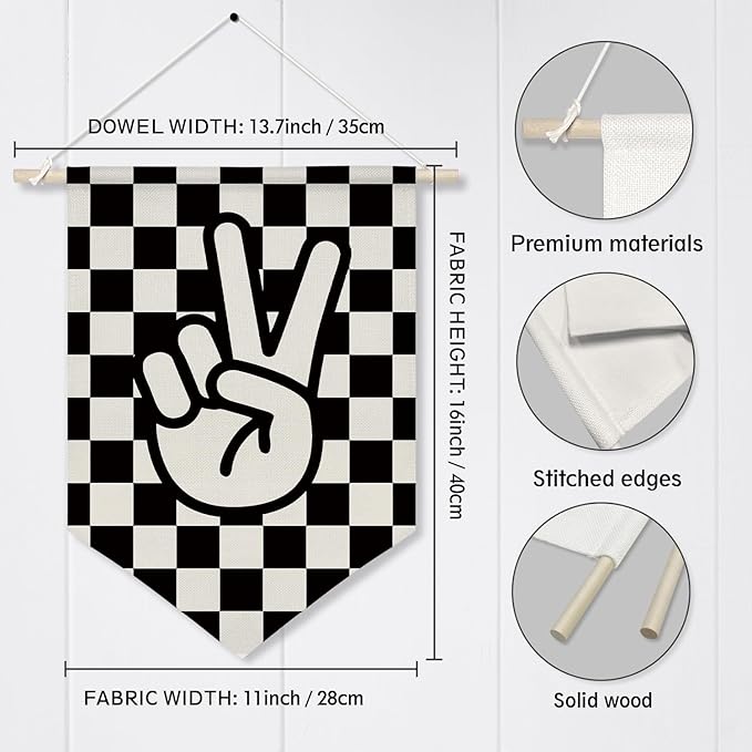 Peace Sign Wall Hanging Banner,Black and White Checkered Canvas Flag for Boys Room, Teen Room, Cool Skateboard Vibes Poster Decor, Retro Hand Gesture Hanging Sign 11x16inch(KD28)