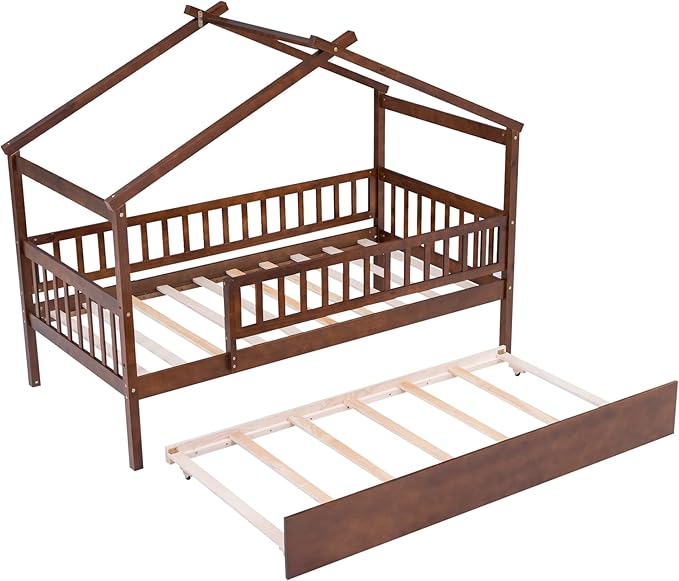 Merax Twin Size Wooden House Bed with Twin Size Trundle, Wood Bed Frame with Roof and Safety Guardrail for Kids, Teens, Boys or Girls, Walnut