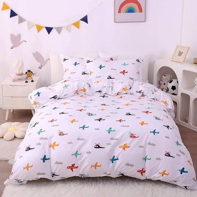 JSD Airplane Kids Duvet Cover Set Full Size, 3 Piece Soft Printed Microfiber Comforter Cover with Pillow Sham Zipper Closure, Comforter Not Included