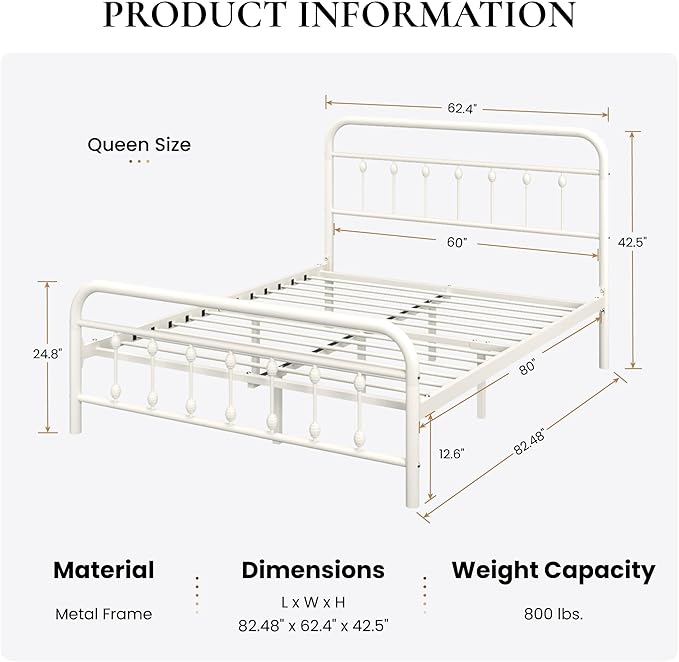 SHA CERLIN Queen Size Metal Platform Bed Frame with Victorian Style Iron-Art Headboard and Footboard, Easy Assembly, Under Bed Storage, No Box Spring Required, White