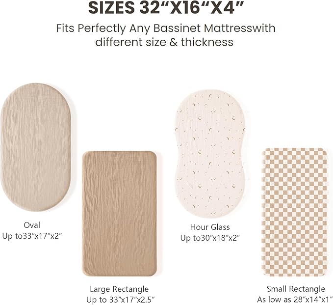 Konssy 2 Pack Muslin Bassinet Sheets for Baby Boy, 100% Cotton Soft Breathable Bassinet Mattress Sheets Fit for Hourglass Oval Cradle Rectangle Mattress (Coffee Check,Moon)