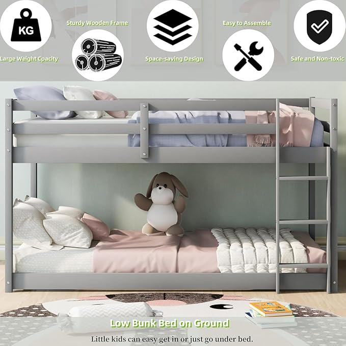 Merax Solid Wood Low Bunk Bed Frame for Kids/Toddlers/Junior, with Built-in Ladder, High Guardrail and Slats, Floor Bed Bottom Bunk, No Box Spring Needed, for Small Spaces, Twin-Over-Twin, Gray