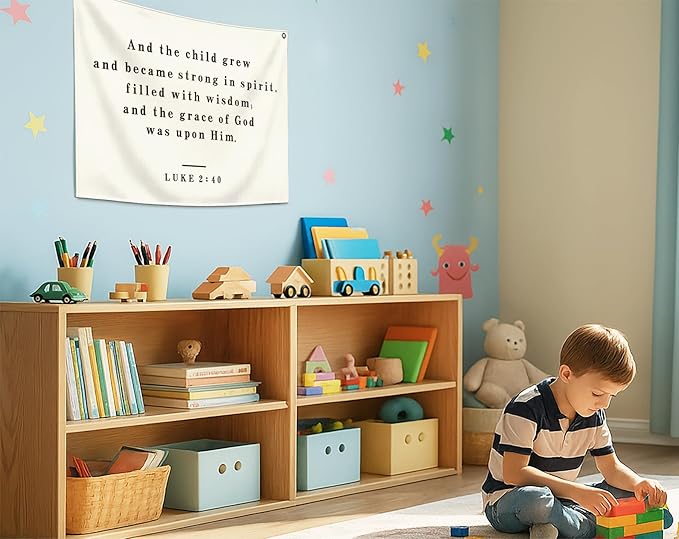 Christian Bible Verse Scripture Rectangular Banner Flag Wall Decor Gift for Baby Boy Girl Kid,Nursery Bedroom Reading Room Decor-and the Child Grew-Baby Present Shower,Birthday Christmas Gift